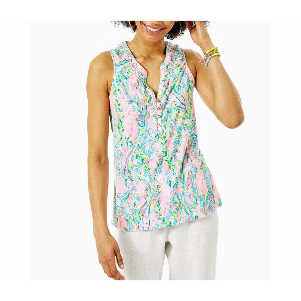 Lilly Pulitzer Essie Tank Tunic Top Smocked Printed Resort Cotton Beach S 287214